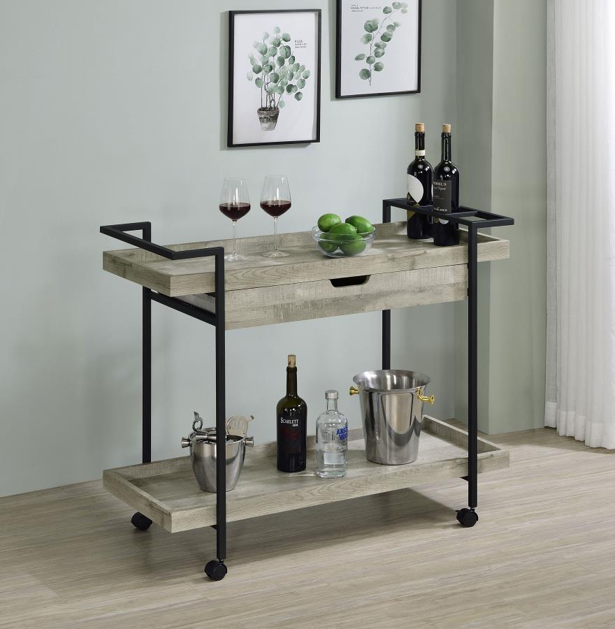 Ventura 1-Drawer Engineered Wood Bar Cart in Gray Driftwood – Mobile Modern Farmhouse Beverage Cart with Tray Top, Shelf & Smooth Casters