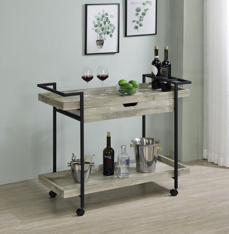 Ventura 1-Drawer Engineered Wood Bar Cart in Gray Driftwood – Mobile Modern Farmhouse Beverage Cart with Tray Top, Shelf & Smooth Casters
