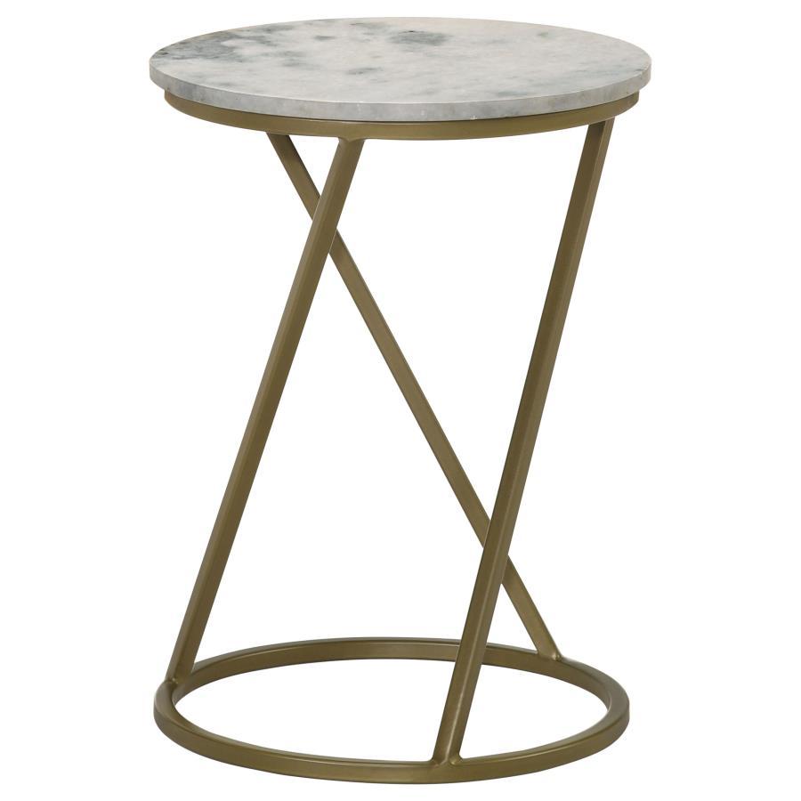 Malthe Round Marble Top Accent Side Table – White Solid Marble with Antique Gold Metal Base, Compact Nightstand or Side Table for Living Room