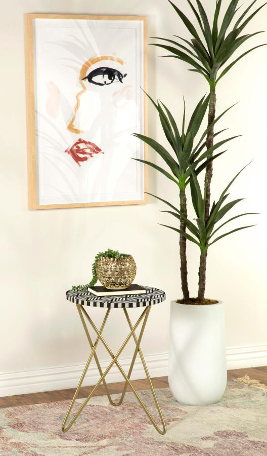 Xenia Round Bone Inlay Accent Side Table with White and Black Mosaic Top and Gold Metal Butterfly Hairpin Base, Modern Chic Living Room Table