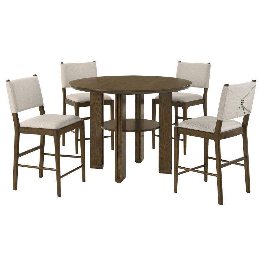 Ottowa 5-Piece Round Counter Height Dining Set – Brown Table with Open Shelf & Upholstered Counter Chairs with Tie-Back Accents