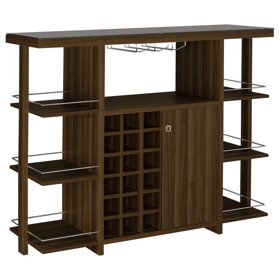 Evelio 6-Shelf Glass Top Home Bar Wine Cabinet in Walnut – Contemporary Wine Storage with Built-In Rack, Glass Holders & Open Display Shelves