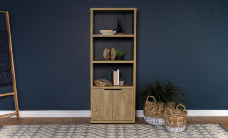 Tabby 3-Shelf Engineered Wood Media Tower – Mango Finish, Open Display Shelves, Hidden Cabinet Storage, Black Pull Handles, Living Room Organizer