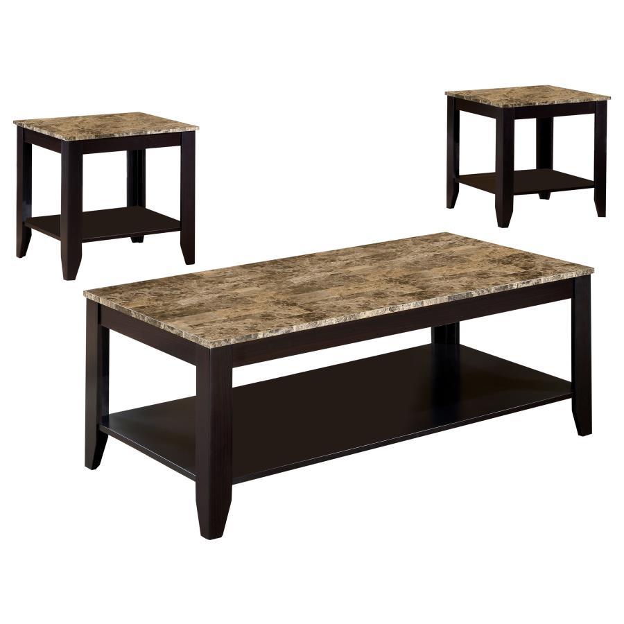 Flores 3 Piece Faux Marble Top Coffee Table Set – Cappuccino, Includes Coffee Table and 2 End Tables with Engineered Wood and Laminate Veneer