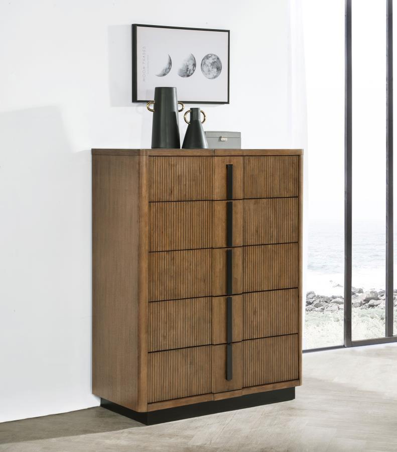 Terrace 5-Drawer Chest of Drawers – Ash Brown Finish, Vertical Fluted Fronts, Metal Glides, and Durable Dovetail Construction