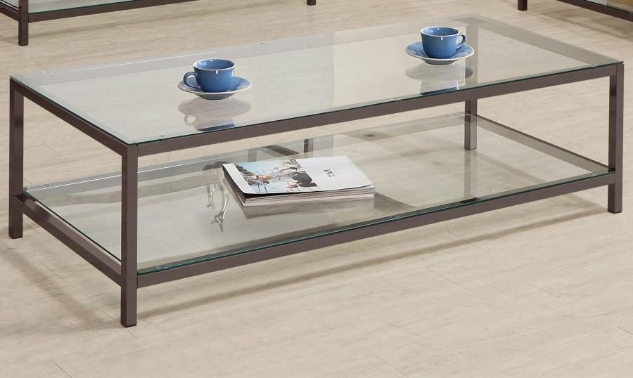 Trini 1-Shelf Glass Top Coffee Table - Black Nickel Frame, Tempered Glass, Modern Storage & Display for Living Room
