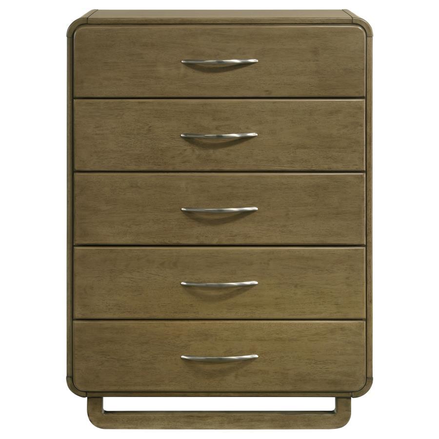 Amsbury 5-Drawer Chest of Drawers in Nutmeg – Modern Storage Solution with Metal Glides, Rounded Corners, and Matte Nickel Hardware