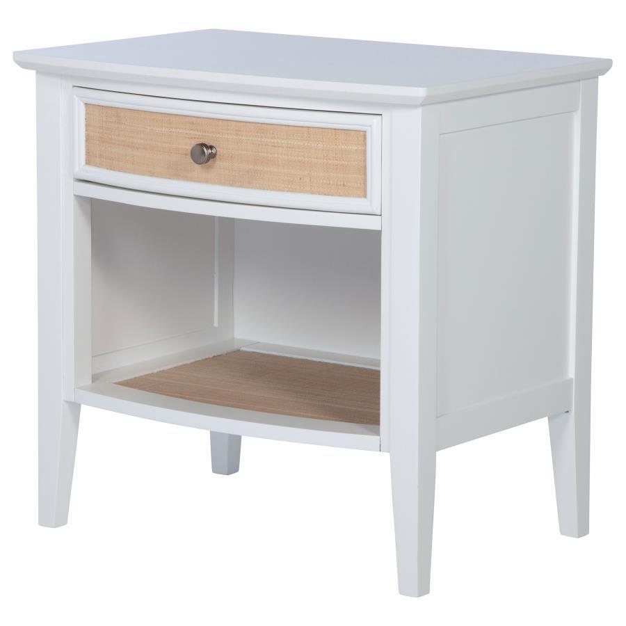 Bexhill 1-Drawer Nightstand Bedside Table – White Finish with Rattan Accents, Felt-Lined Drawer, Modern Coastal Bedroom Storage