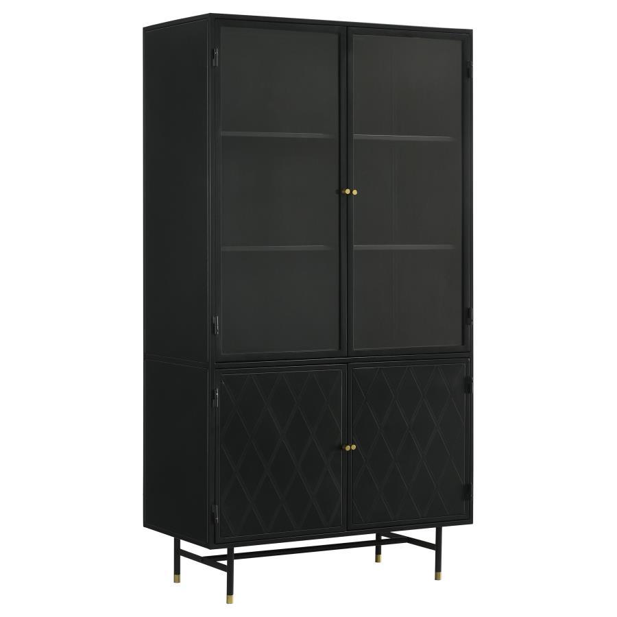 Santiago - 4 Door Metal Tall Storage Cabinet - Matte Black with Antique Brass Hardware, Tempered Glass Doors & Adjustable Shelves