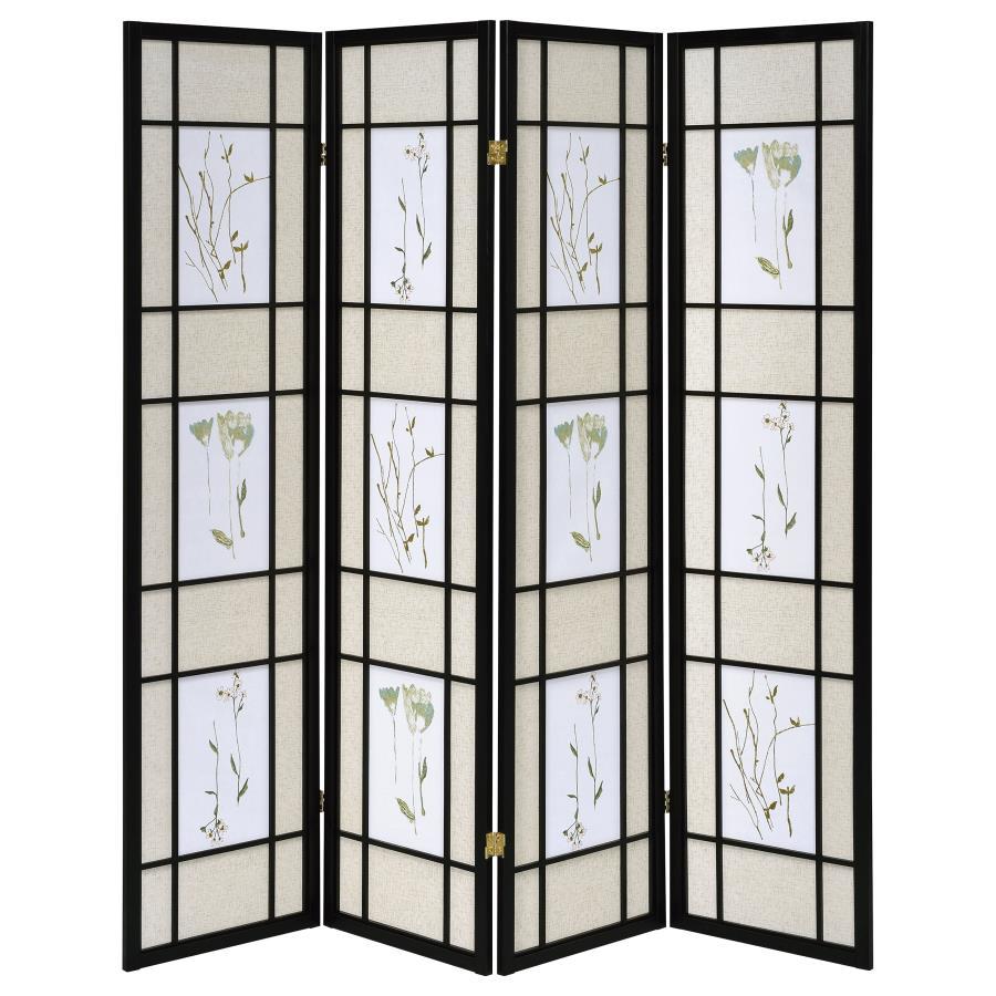 Catabella 4-Panel Room Divider Folding Shoji Screen with Floral Design – Black Frame, Privacy Screen for Bedroom, Living Room, or Office Spaces