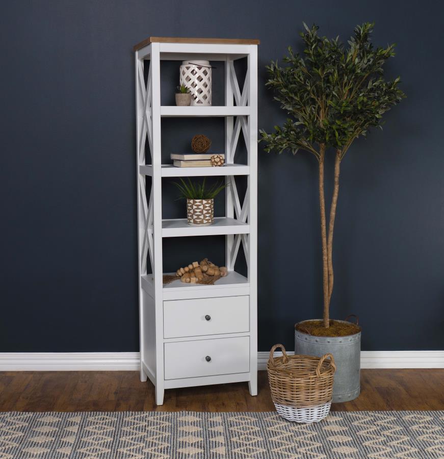 Hollis 4-Shelf Wood Media Tower with Drawers – White Frame & Brown Ash Veneer Top, Rustic Farmhouse Cottage Coastal Modern Storage Bookcase Cabinet