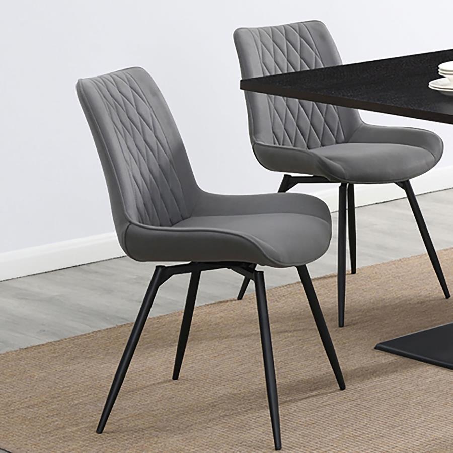 Diggs Upholstered Swivel Dining Side Chair (Set of 2) – Gray Fabric with Diamond-Quilted Design, Gunmetal Legs & 360° Swivel for Modern Dining
