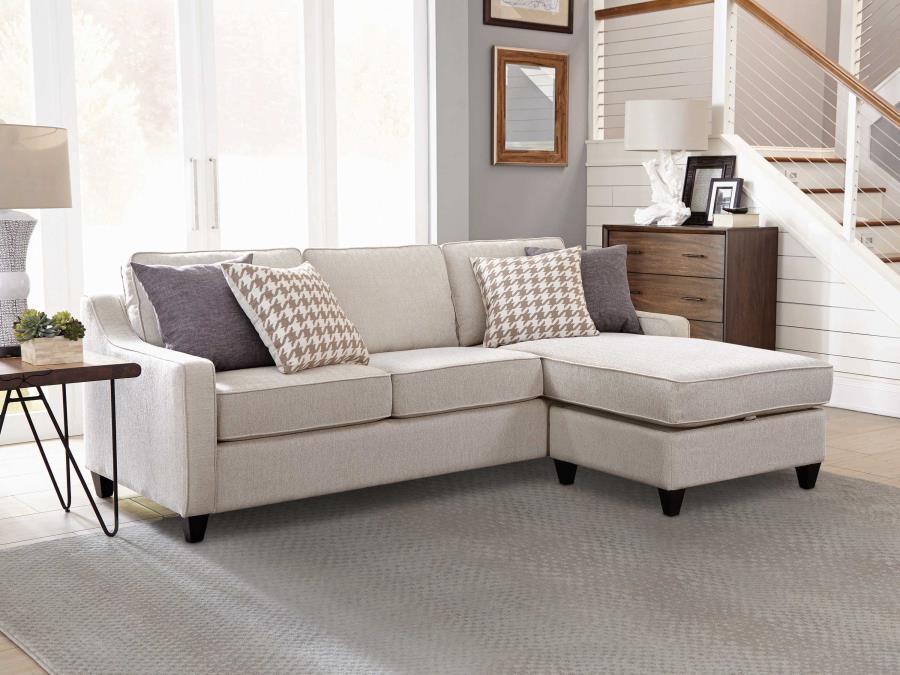 Mcloughlin Upholstered Sloped Arm Sectional Sofa in Platinum Fabric with Tapered Wood Feet, Transitional L-Shaped Living Room Seating