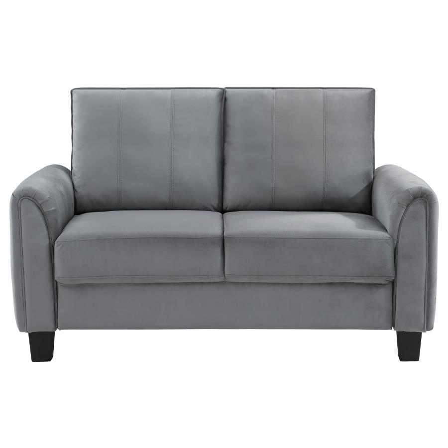 Davis Upholstered Rolled Arm Loveseat, Gray Fabric, Plush Cushions, Reversible Back, Sinuous Spring Seating, Tapered Block Legs, Compact Design