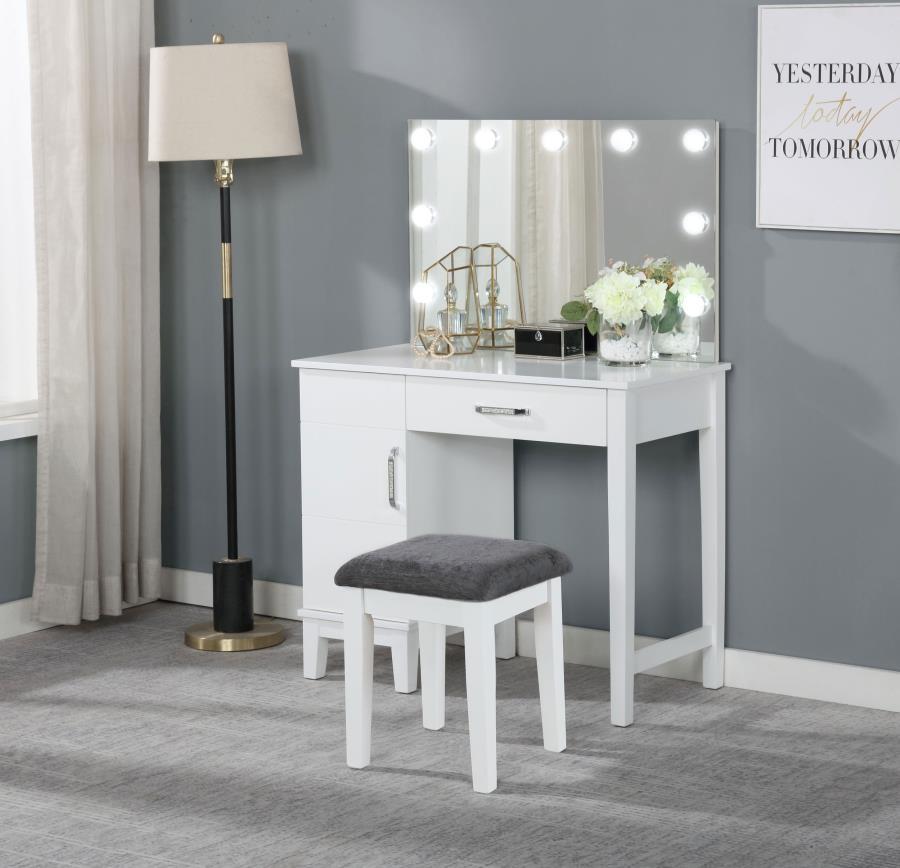 Elijah Vanity Set With Lighting & Stool - White and Dark Gray, Hollywood Glam Makeup Table, LED Mirror Lights, Bedroom or Dressing Room Vanity
