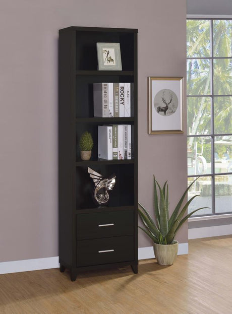 Lewes 4-Shelf Engineered Wood Media Tower – Cappuccino, Adjustable Shelves, Brushed Silver Hardware, Storage Drawers, Modern Living Room Organizer