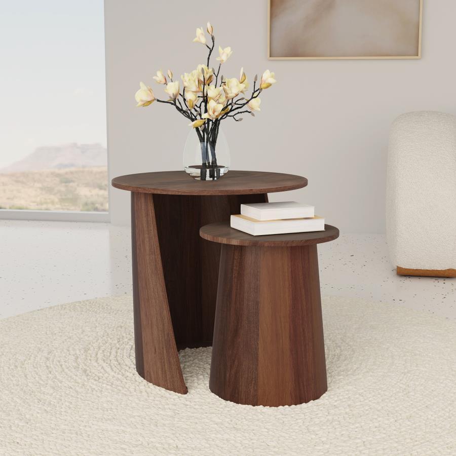Yency 2-Piece Round Mango Wood Nesting Table Set in Dark Brown – Solid Wood Side Tables with Space-Saving Design for Living Room & Entryway