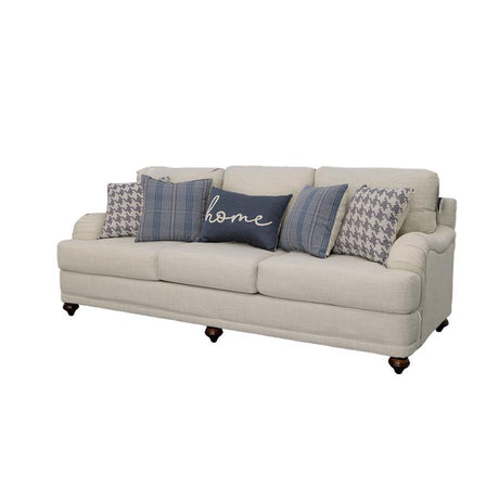 Glenn Upholstered English Arm Sofa – Light Gray Linen-Like Fabric with Blue Accent Pillows, Turned Legs, Reversible Cushions, Farmhouse Style