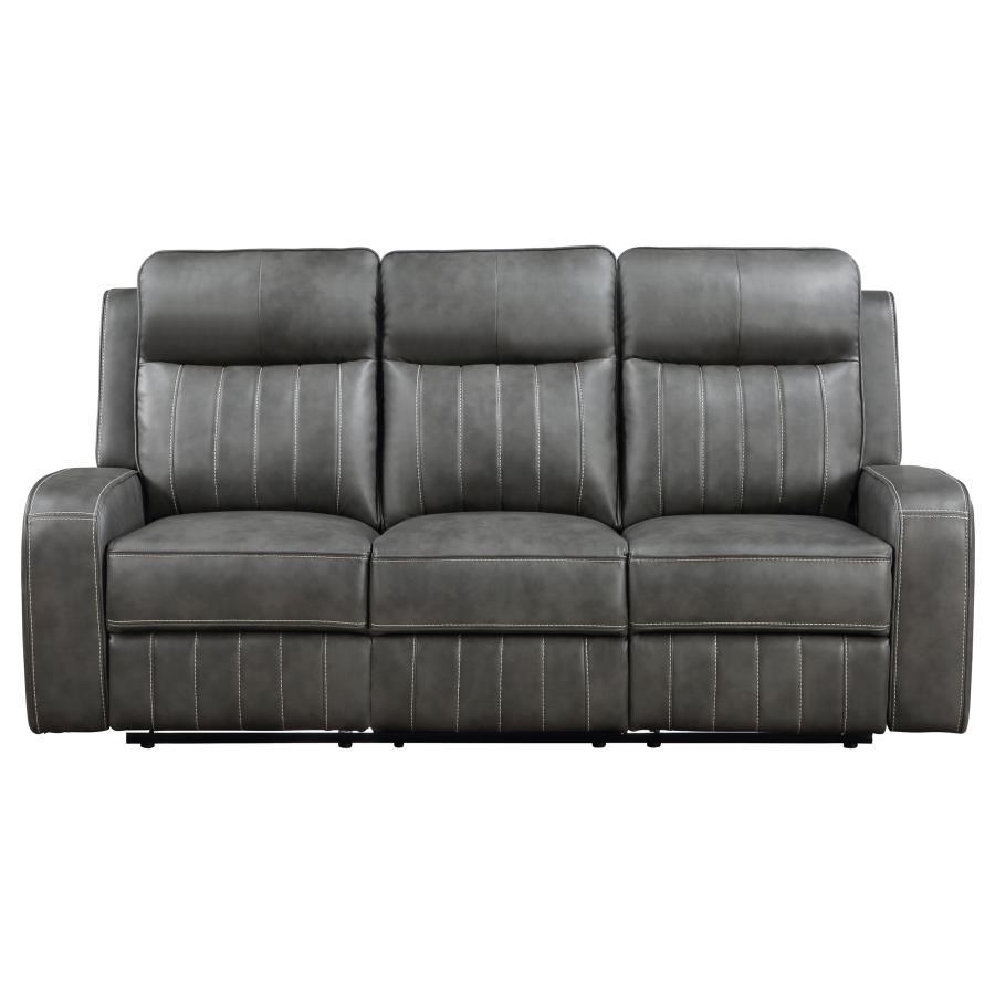 Raelynn Upholstered Track Arm Motion Sofa - Gray Leatherette, Reclining Wall-Hugger Design, Pocket Coil Seating, Foam Cushions, Transitional Living Room