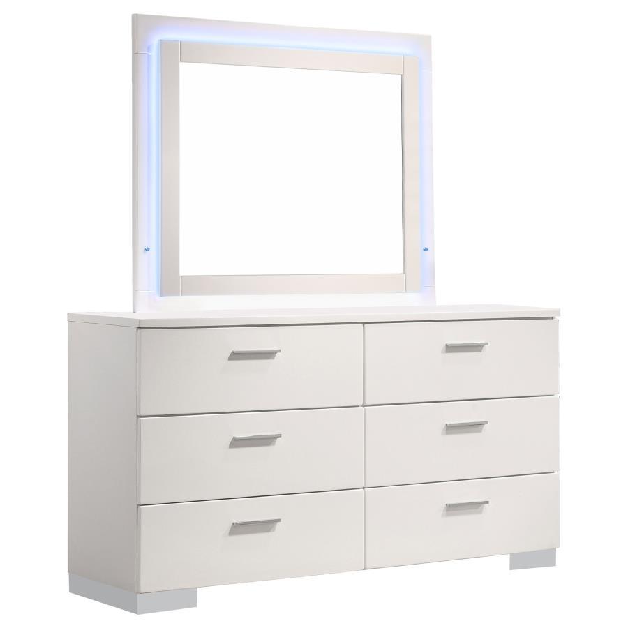 Felicity 6-Drawer Dresser with LED Mirror – White High Gloss Bedroom Set with Chrome Accents, Smooth-Glide Drawers, Integrated LED Lighting & Touch Switch