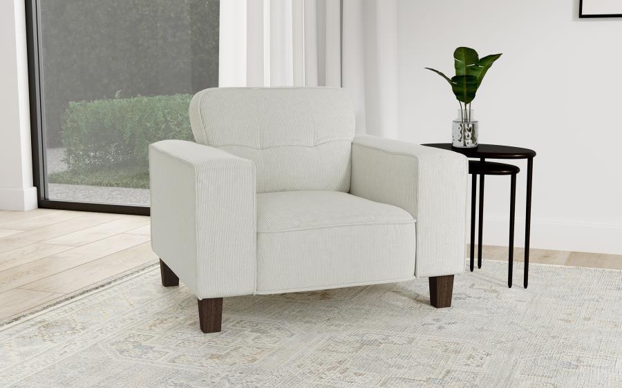 Deerhurst Upholstered Track Arm Tufted Accent Chair, Greige Fabric, Plush Cushions, Corduroy Texture, Tapered Wood Legs, Modern Living Room