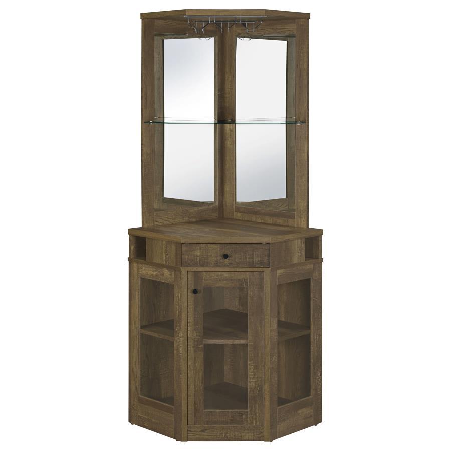 Alviso 1-Drawer Corner Home Bar Wine Cabinet – Rustic Oak Finish with Mirrored Back, Tempered Glass Shelf, Stemware Rack, and Bottle Storage