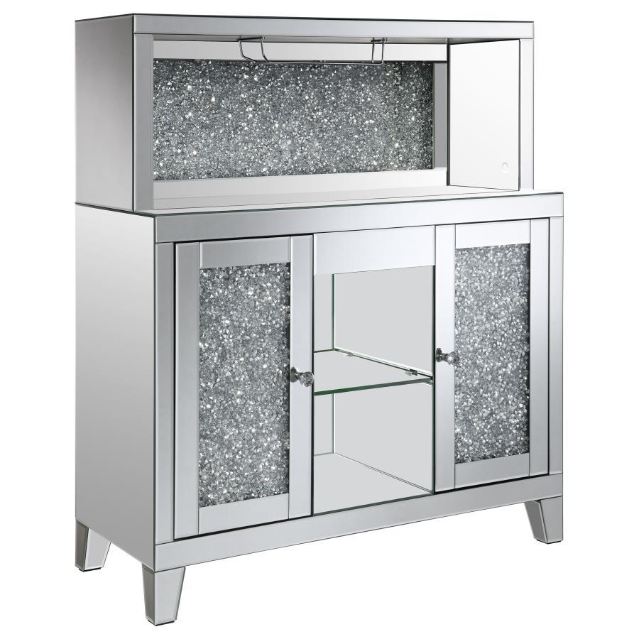 Yvaine 2-Door Mirrored Acrylic Home Bar Wine Cabinet – Silver Finish, Faux Diamond Detailing, Crystal Knobs, Open Back Shelf, Luxury Storage Display