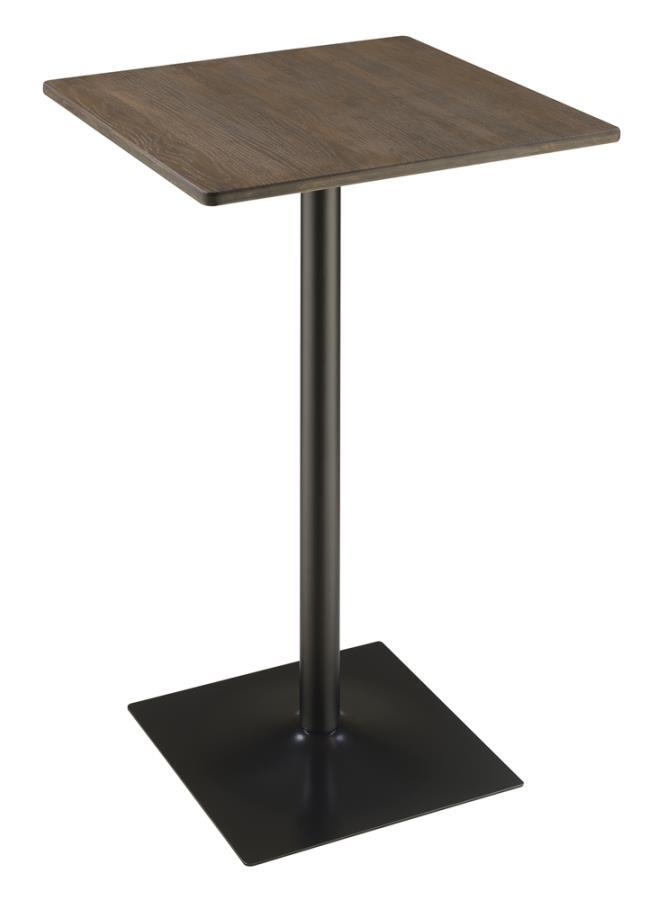Cavalier Square Pub Height Bistro Bar Table – Dark Elm Bamboo Top, Industrial Black Metal Base, Modern Pedestal Design, Seating for Up to Four