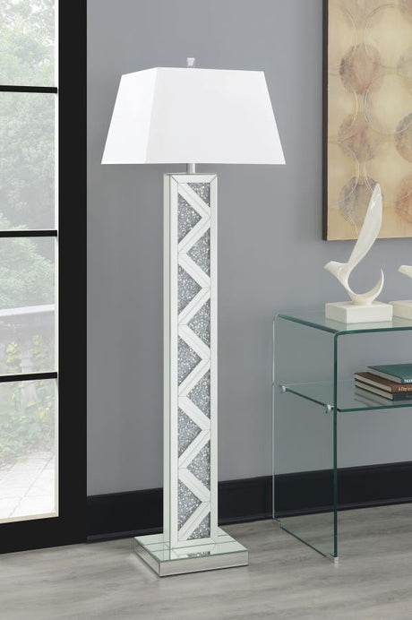 Carmen Empire Mirrored Acrylic Floor Lamp with Crystal-Inspired Accents, White Shade, Silver Finish, Modern Glam Lighting for Living Room