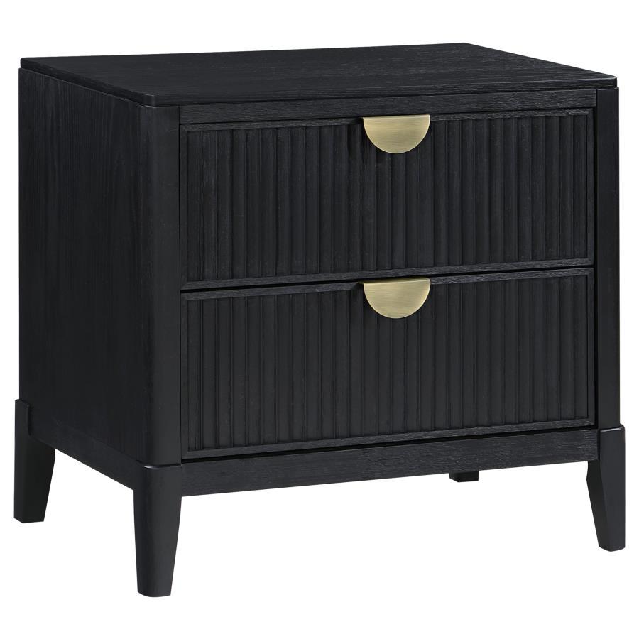 Brookmead 2-Drawer Nightstand – Modern Black Bedroom Accent with Felt-Lined Drawers, Fluted Design, and Elegant Metallic Half-Moon Pulls