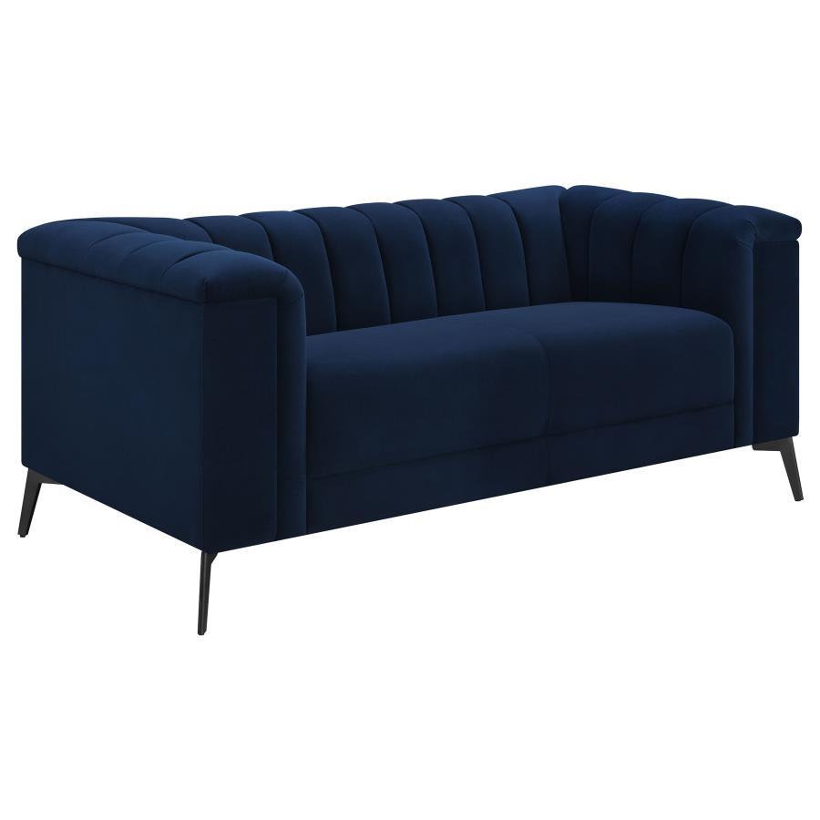 Chalet Tuxedo Arm Loveseat, Blue Velvet Upholstery, Tufted Vertical Channels, Pocket Coil Bench Seat, Black Metal Tapered Legs, Living Room