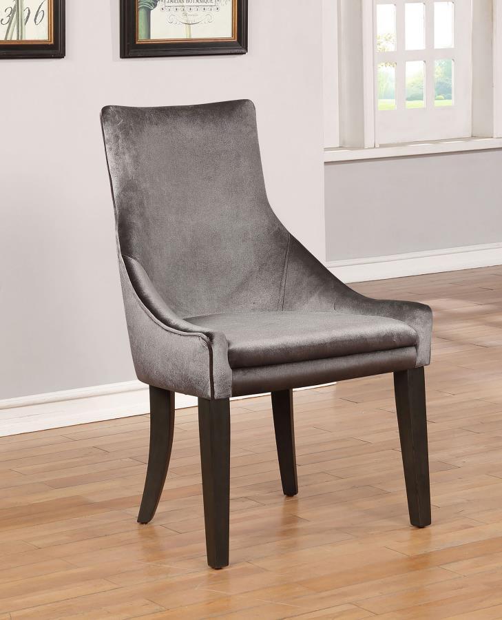 Phelps Velvet Upholstered Dining Side Chair Set of 2 – Gray Fabric with Dark Charcoal Wood Legs, Padded Seat, Sloped Molded Base, Transitional Elegance