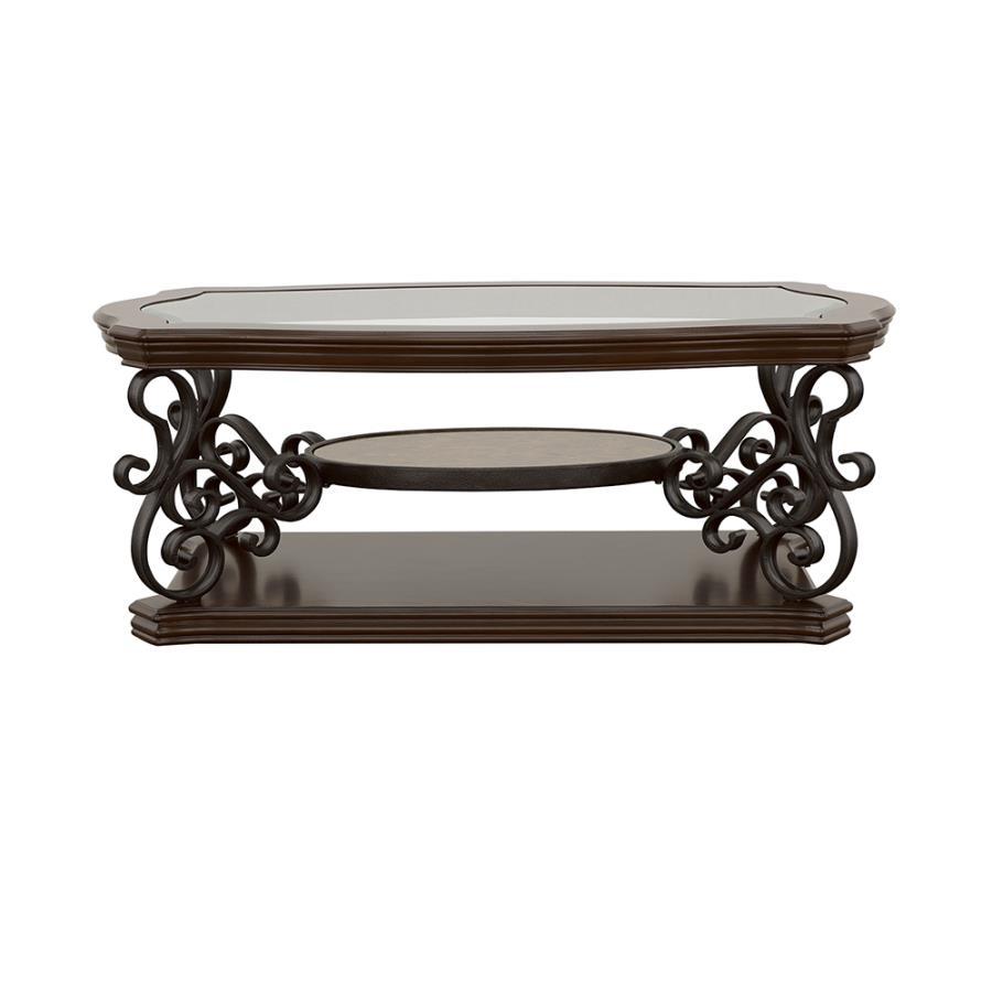Laney 1-Shelf Glass Top Rectangular Coffee Table - Deep Merlot Wood Finish, Tempered Glass, Metal Scrollwork & Lower Display Shelf