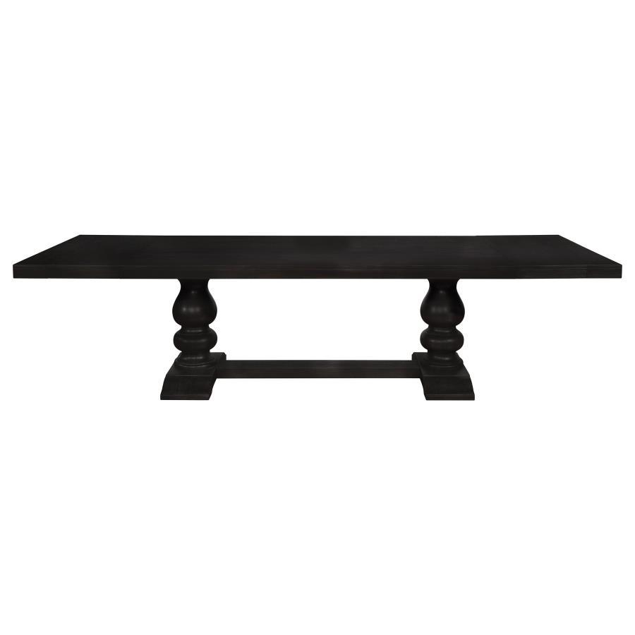 Phelps Extension Leaf Dining Table - Distressed Noir Finish, Formal Trestle-Style Base, Polished Antique Wood, Extra-Long Elegant Dining Table