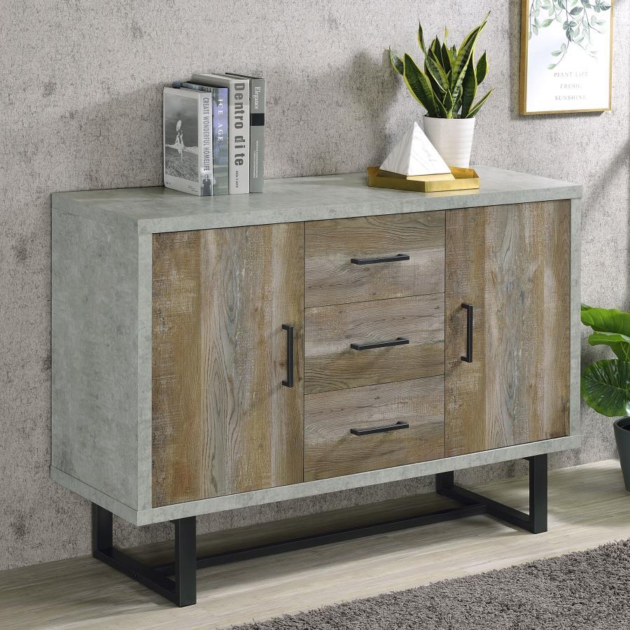 Abelardo 3-Drawer Engineered Wood Cabinet – Weathered Oak with Gunmetal Accents, Faux Cement Finish, Industrial Trestle Base, Rustic Modern Accent Storage