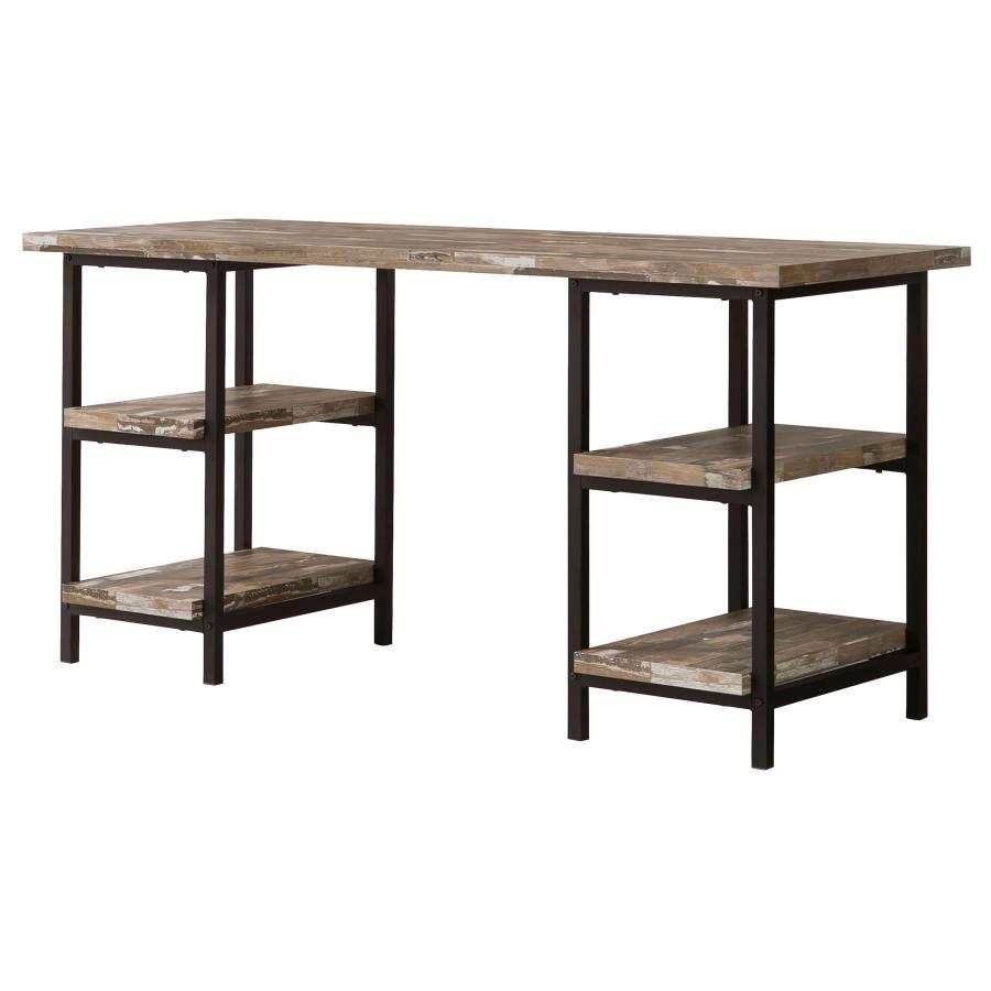 Kemper 59" 4-Shelf Writing Desk in Weathered Brown with Black Metal Legs – Rustic Industrial Style Home Office or Study Desk with Open Storage