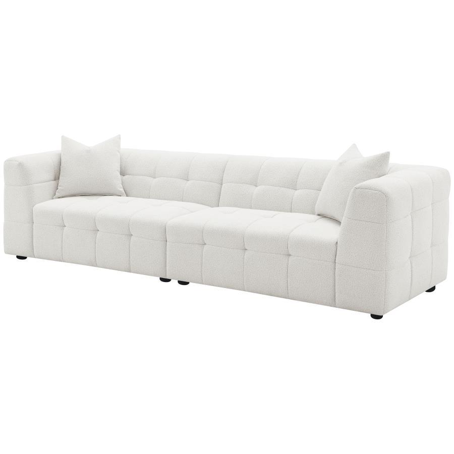 Everly Boucle Upholstered Extra Long Sofa in White – 114-Inch Plush XL Sofa with Grid Tufting, Decorative Pillows, and Stylish Modern Design