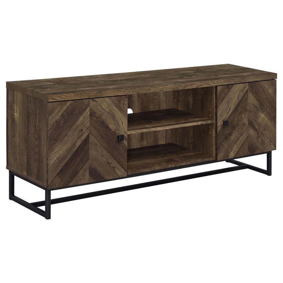 Myles 2-Door Engineered Wood TV Stand – Rustic Oak Finish with Herringbone Doors, Metal Base, Open Shelves & Adjustable Storage for Electronics