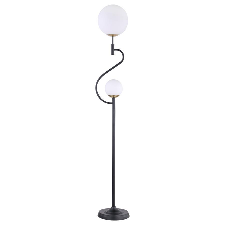 Dacki Dual Spherical Bulb Metal Floor Lamp – Black with White Glass Shades, Energy-Efficient LED, Modern S-Curve Design for Living Room
