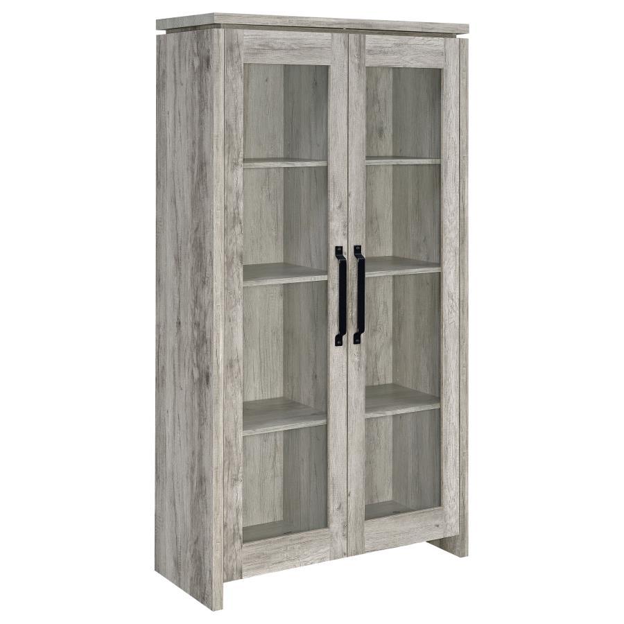 Alejo 2-Door Engineered Wood Tall Cabinet – Gray Driftwood Finish, Glass Doors with Dark Hardware, 8 Shelves for Display and Storage in Living Room or Den