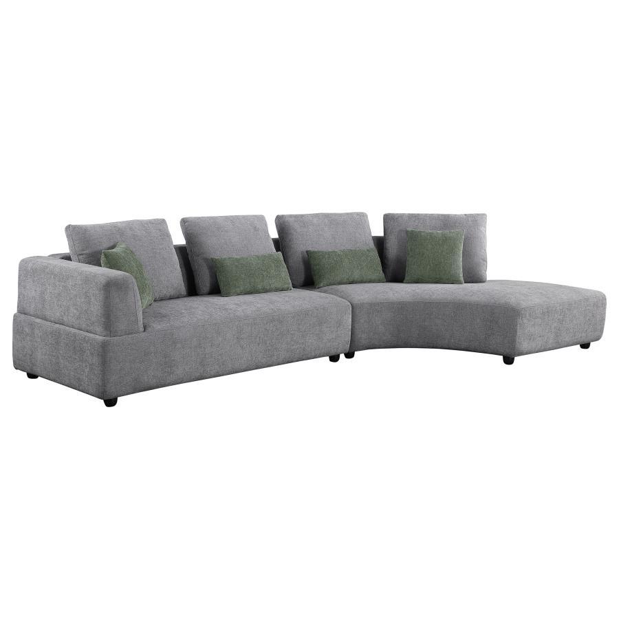 Toscano Upholstered Sectional Sofa – Modern Curved Design, Gray Fabric, Forest Green Accent Pillows, Compact Feet, Stylish Contemporary Living Room