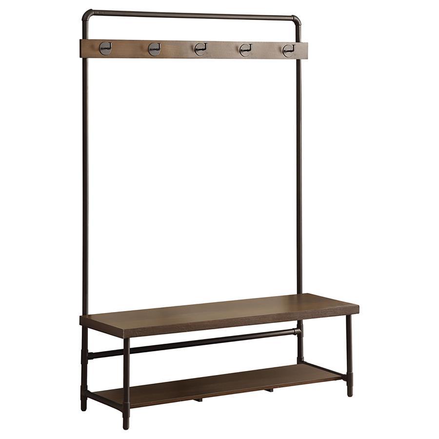 Alise 5-Hook Coat Rack Hall Tree with Shoe Bench – Farmhouse Entryway Organizer with Industrial Pipe Design, Chestnut Finish, and Storage Shelf