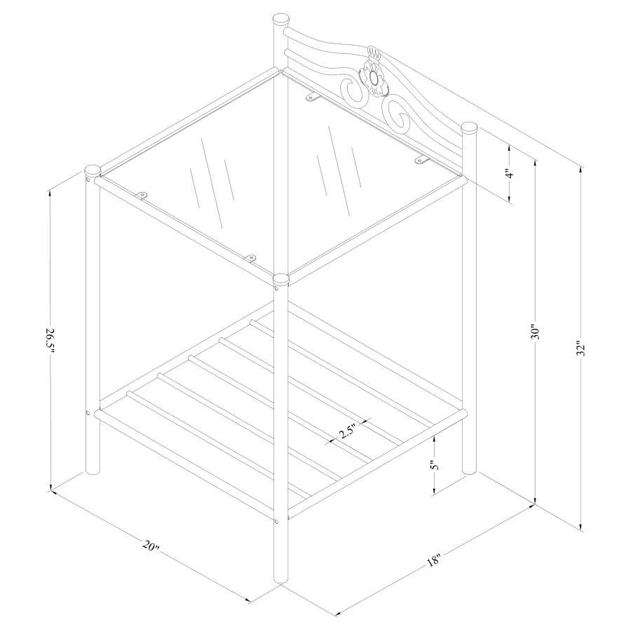 Sydney Metal 2-Shelf Nightstand – Antique Brushed Gold Finish, Tempered Glass Top, Vintage-Inspired Swirling Motifs, Bedroom or Accent Table