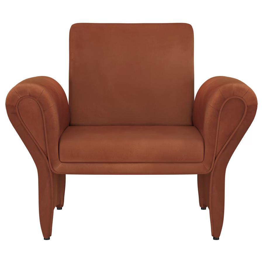 Liana Upholstered Roll Arm Accent Armchair – Modern Contemporary Rust Chair with Velvety Soft Fabric, Sculptural Silhouette, and Elegant Panel Legs