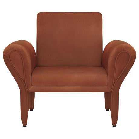Liana Upholstered Roll Arm Accent Armchair – Modern Contemporary Rust Chair with Velvety Soft Fabric, Sculptural Silhouette, and Elegant Panel Legs