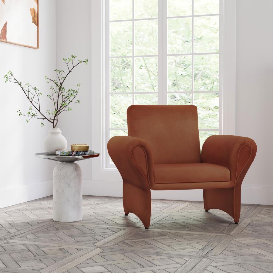 Liana Upholstered Roll Arm Accent Armchair – Modern Contemporary Rust Chair with Velvety Soft Fabric, Sculptural Silhouette, and Elegant Panel Legs