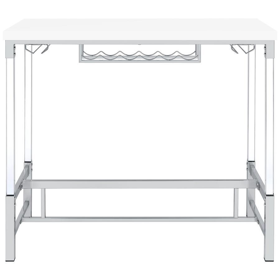 Norcrest Acrylic Leg Bar Table – White High Gloss Finish, Silver Trestle Base, Built-In Wine & Stemware Racks, Compact Modern Design for Entertaining