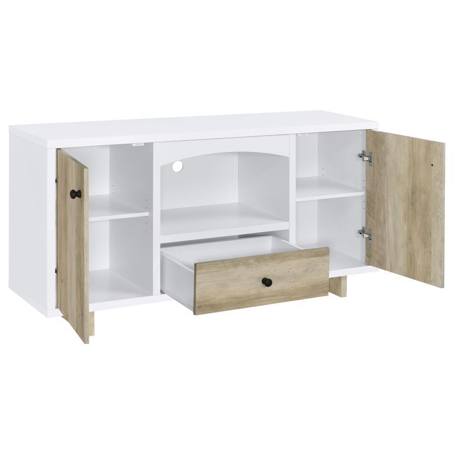 Dalton 2-Door Storage Credenza – White and Distressed Pine Modern Farmhouse Cabinet with Open Shelf, Cord Management, and Durable Melamine Finish