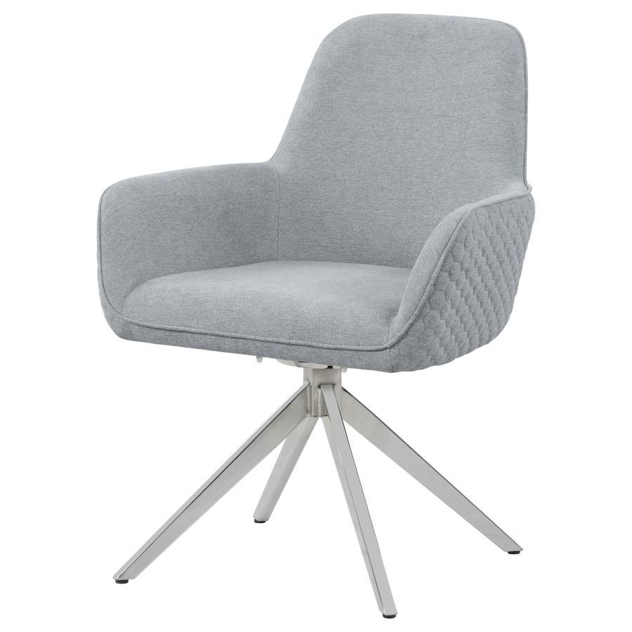 Abby Fabric Upholstered Swivel Dining Arm Chair in Light Gray, Mid-Century Modern Design, Honeycomb Quilted Exterior, Chrome 360° Swivel Base