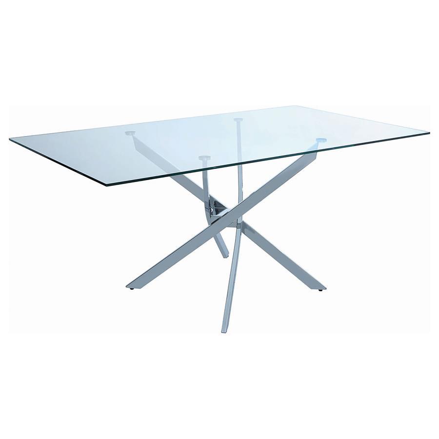 Carmelo Rectangular Glass Top Dining Table – Modern Sculptural Chrome Base with Tempered Glass Surface for Contemporary Kitchens & Dining Rooms